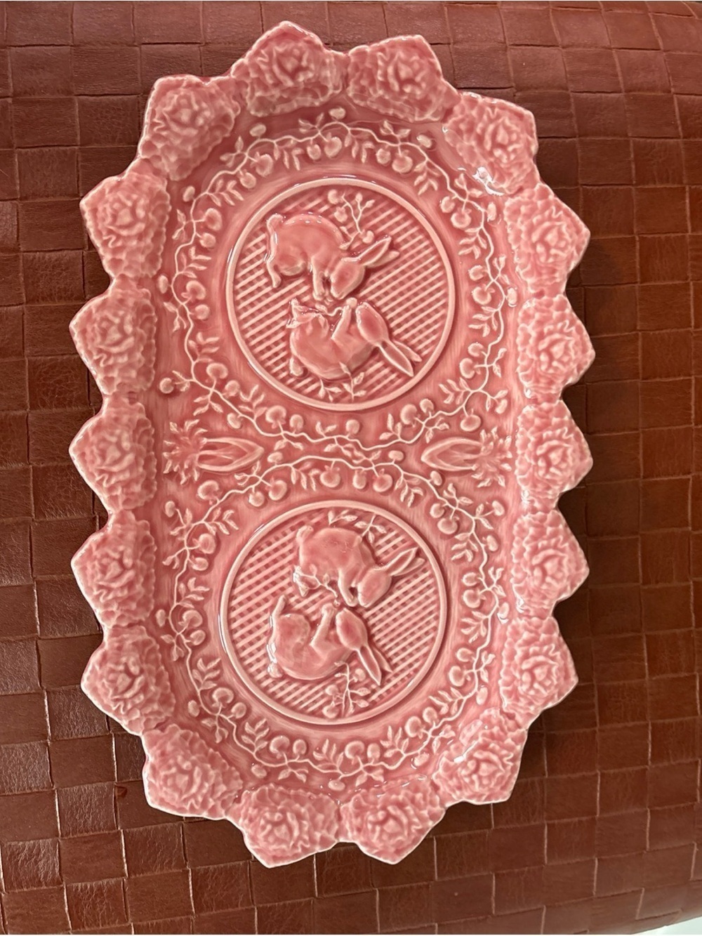 Vintage Bordallo Pinheiro Portugal Majolica Bunny Rabbit Cabbage Platter Tray